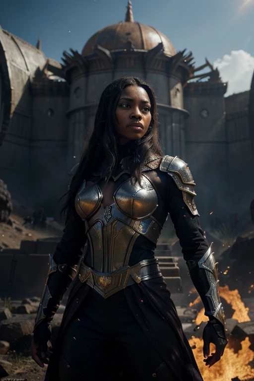 Movie poster for "The 144,000: God's chosen people", Create a photorealistic portrait of black woman warriors from another planet standing outside their massive, way beyond our technology, spaceship before the U.S. Army like a scene from marvel universe, standing in a mystical, ethereal realm. The cosmic villain hero's vampire energy dragon demon drainer has a cringe-like presence, adorned in intricate, glowing armor with fiery accents that radiate power. Art style inspirations include H.R. Giger, Alex Grey, and John Harris. The image should have high resolution, with detailed textures on the armor and fiery background. Use dynamic lighting to emphasize wakanda forever divine and menacing aura, with a focus on intense, warm light and shadow play. Camera angle: low-angle shot to enhance the sense of power and grandeur.