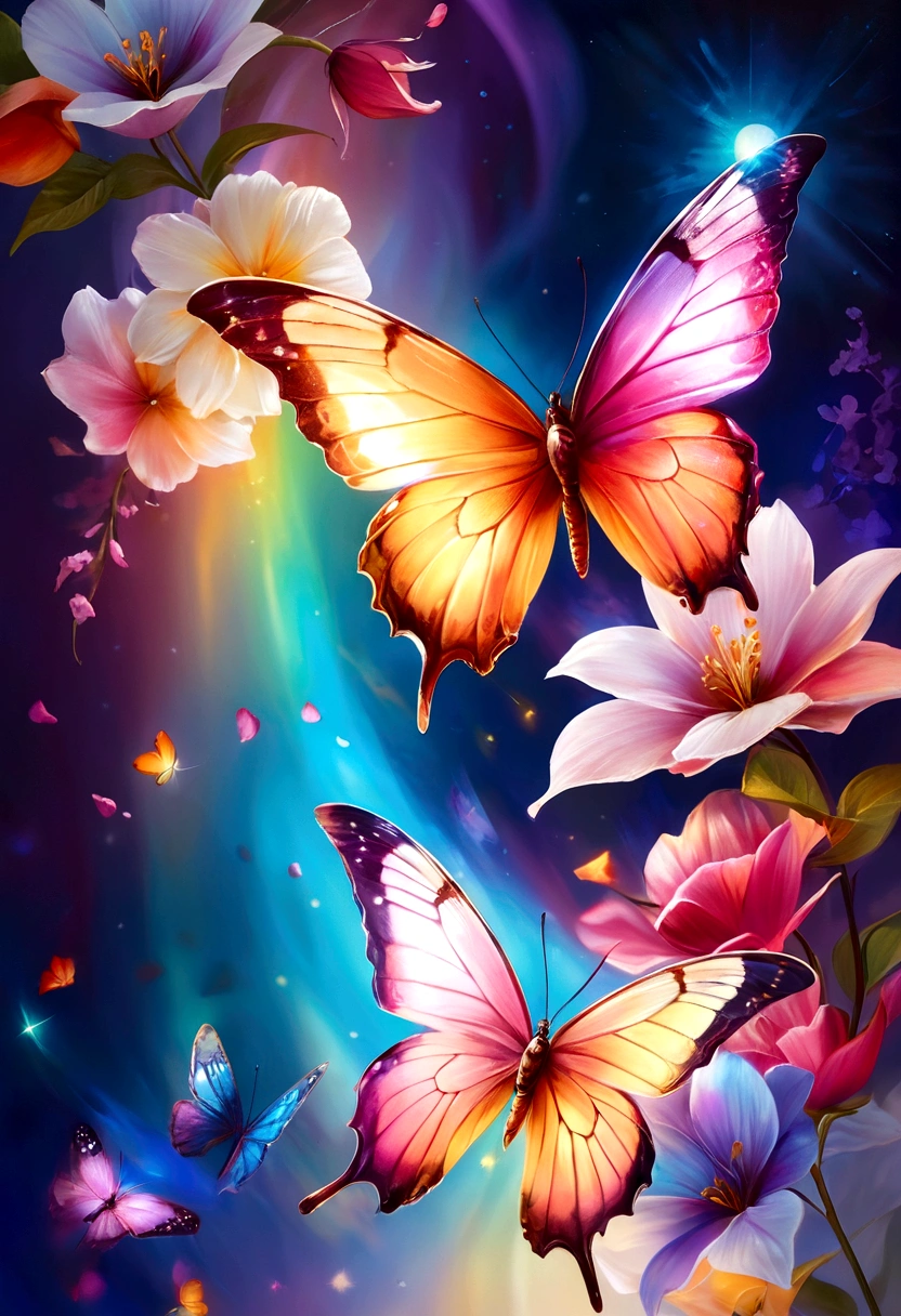 moon light,the arrival of spring, various beautiful flower
, Beautiful Rainbow-colored feathers swallowtail butterfly,angles looking up from below, various jewels falling from the sky, wonderful and beautiful superb view, slightly hazy, fantastic, high resolution, 8K, (best quality, highres, realistic:1.37), shiny metallic flowers, intricate and delicate petals, reflective surfaces, vibrant colors, intricate details, close-up view, surreal garden, surreal beauty, dreamy atmosphere, fine art, abstract botanicals, metallic sculpture, contrasting textures, ethereal glow