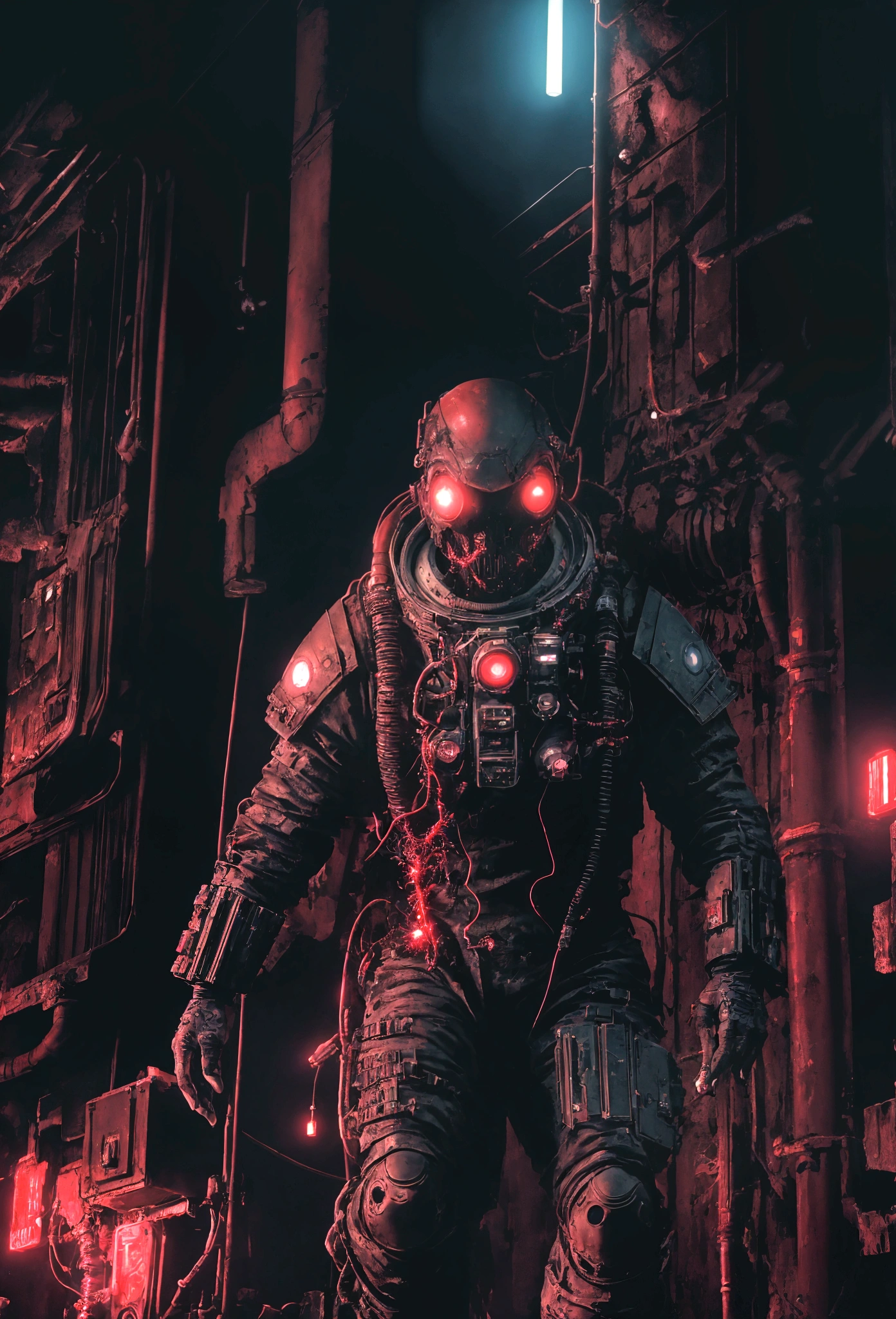  
(extremely detailed 8k wallpaper), a medium shot photo of cyberpunk scary Grim dressed as a dirty astronaut in an armour made of red glowing wires from marvel, cyberpunk theme, intricate, high detail, dramatic, old scary building in the background