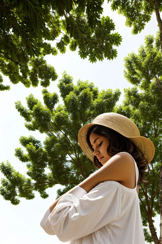 Dios abrazando a una mujer, white background with trees