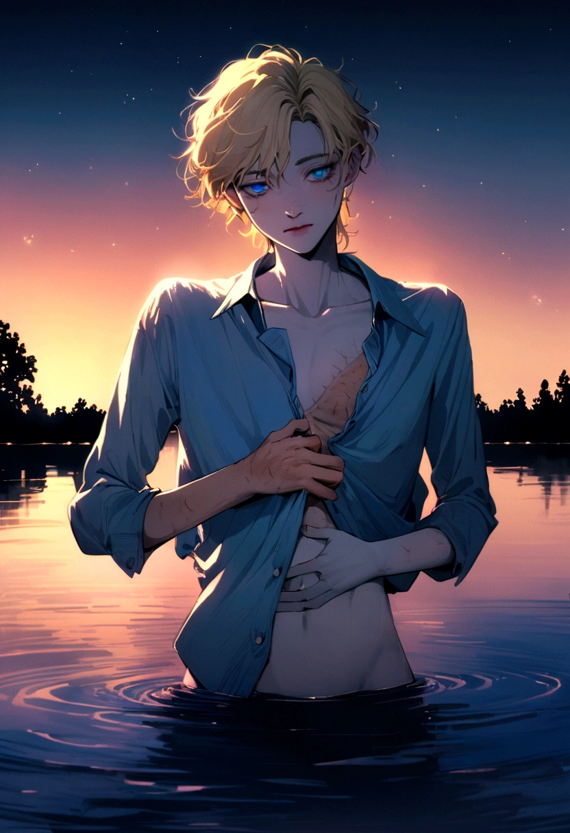 semi realistic art style, 90's aesthetic, deitailed textures, soft and warm light, young man(pale skin, short messy blonde hair, blue eyes, soft face, skinny body tipe, mastectomy scars), bathing in the lake at night, unbuttoning his shirts