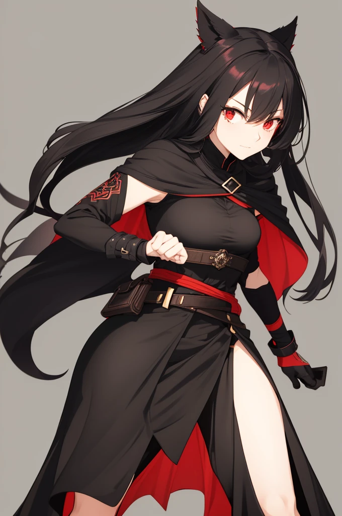 Color: Long, black hair that she keeps in a neat braid. The braid symbolizes her disciplined nature and the way she has methodically pieced together her past and present.
Style: The braid is practical for travel and combat, keeping her hair out of her face and adding a touch of elegance to her warrior-like demeanor.
Cloak: A black cloak with a red lining. The black exterior symbolizes mystery and stealth, while the red interior represents her inner fire and passion. The cloak is designed to be both protective against the elements and versatile for movement.
Shirt: A fitted red shirt that nearly covers her neck, highlighting her readiness for battle while providing a contrast to the darker outer layers of her attire. The high neck offers additional protection and adds to her sophisticated look.
Pants: Black, durable pants that are practical for travel and combat. They are designed for flexibility and comfort, allowing her to move freely and swiftly.
Belt and Accessories: A main belt at her waistline for securing her pants and carrying her primary necessities.
Additional belts around her waist for holding various items, such as small weapons, pouches for supplies, and any artifacts or items she might need on her journey.
Skirt: A long-length skirt that covers the sides and back of her legs, with the front open for practicality in combat. This design offers a blend of protection and mobility, with the colors matching her cloak (black on the outside and red on the inside), symbolizing her dual nature of being both a fierce warrior and a guardian of ancient knowledge.
