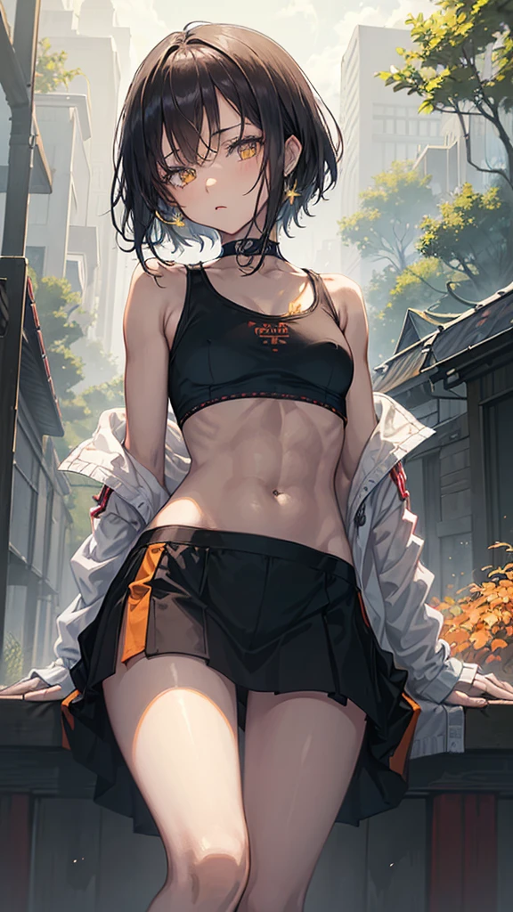 solo, 1girl, (masterpiece), (( appearance)), short hair, ahoje, mohalk hair, small breasts, yellow eyes, ((detailed eyes)), (athletic body), (simple black cropped), Black top with red details, Looking at the screen, orange lipstick, visible abs, small mini skirt, navel, (collarbone), (dark forest scenery background)