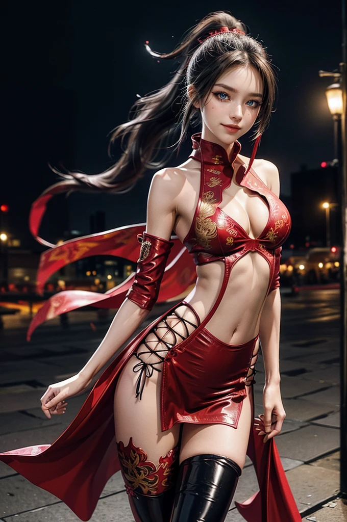 (RAW photo, best quality), Cute girl with short black hair, (ponytail), (city roof at night background), low light , dark eyeliner, happy smile, gorgeous face , super cute, 18 years old , young looking, hyper detailed face, dark eyeliner, (medium breast), (thin waist, super slender), (bare shoulders, (exposed hips), skintight and red PVC qipao china dress with yellow dragon decoration and vivid patterns, deep black leather thigh high boots, red PVC arm sleeves with yellow flower decorations and vivid patterns, cleavage, ((both hands on waist)), one leg in front of the other, (((very small navel exposure navel)))