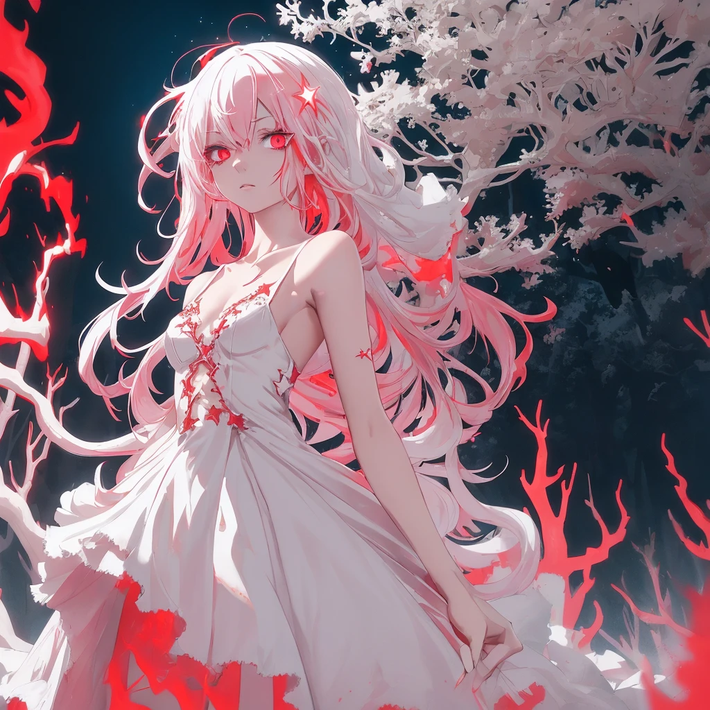 masterpiece, White glowing coral pink hair, long hair, glowing red eyes
Eyes, torn white shoulder strap dress, suspicious atmosphere, eerie, small breasts, white skirt, thin body, Cool Beauty, red concentrated line background, collarbone, red energy bullet, fire, starry star scloud colorful, arms, hands, peace sign, finger, nail, skin suit, ,