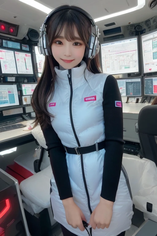 masterpiece, Highest quality, Very detailed, 8K Portrait,Japanese Android Girl,plump , Control panel,Robotic arms and legs, Blunt bangs,,break (Metallic Gray, Metallic luster, Mirror finish, Astro Best):5,headphone:5,break (Black sleeves):100,Smart Watches,Futuristic space station,Control Room,break headphone,blue eyes,(Black Hair):2,(Long Hair):1.3,Displaying the viewer,(respirator),break blush:3,Hidden Hand,smile