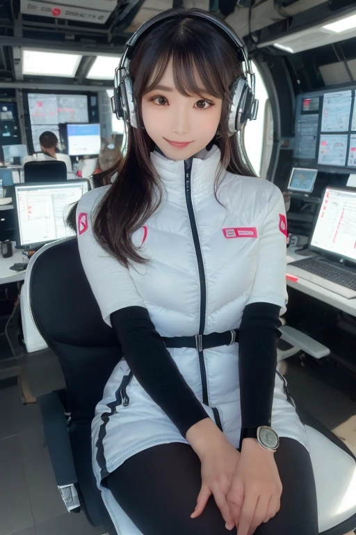 masterpiece, Highest quality, Very detailed, 8K Portrait,Japanese Android Girl,plump , Control panel,Robotic arms and legs, Blunt bangs,,break (Metallic Gray, Metallic luster, Mirror finish, Astro Best):5,headphone:5,break (Black sleeves):100,Smart Watches,Futuristic space station,Control Room,break headphone,blue eyes,(Black Hair):2,(Long Hair):1.3,Displaying the viewer,(respirator),break blush:3,Hidden Hand,smile