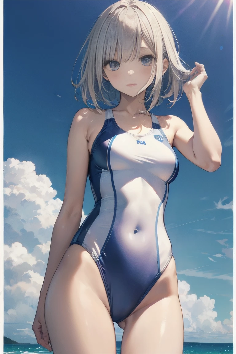 high quality、最high quality、Ultra-high resolution、Slender beauty、White swimsuit、Embarrassed look、Droopy eyes