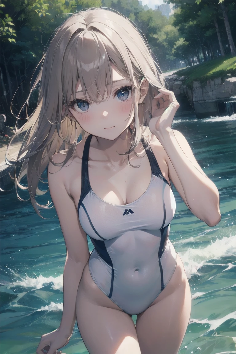 high quality、最high quality、Ultra-high resolution、Slender beauty、White swimsuit、Embarrassed look、Droopy eyes