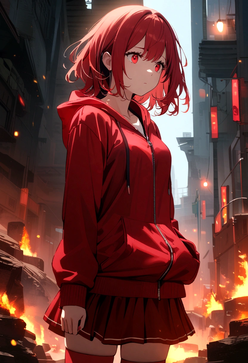 A girl with a red skirt red stockings red zip up hoody red hair and eyes with black highlights 