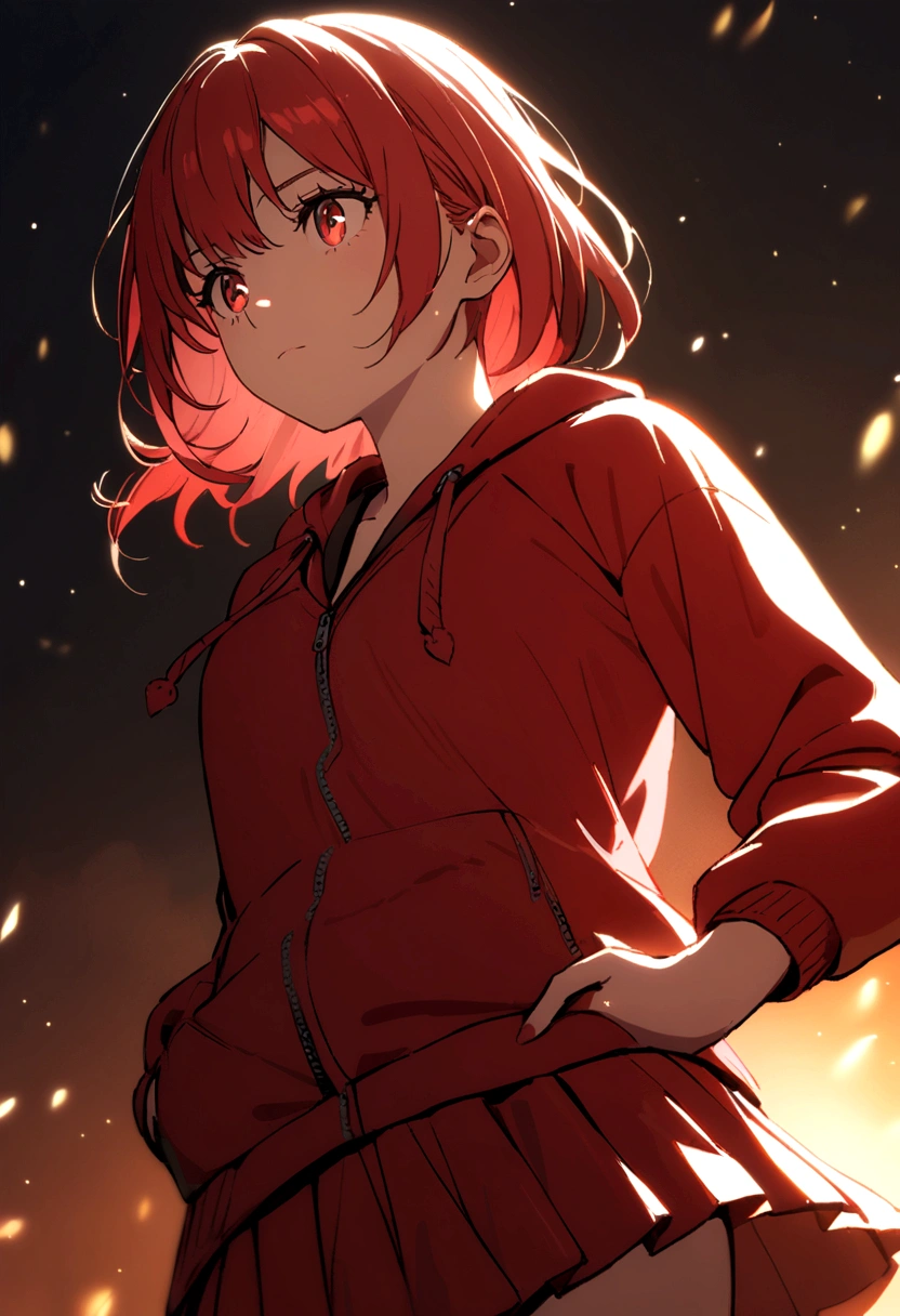 A girl with a red skirt red stockings red zip up hoody red hair and eyes with black highlights