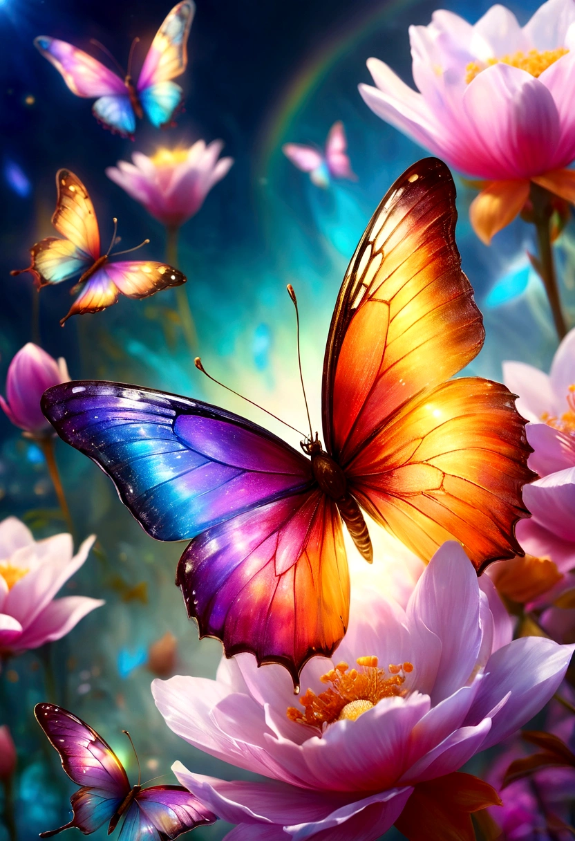 moon light,the arrival of spring, various beautiful flower
, Beautiful Rainbow-colored feathers swallowtail butterfly,angles looking up from below, various jewels falling from the sky, wonderful and beautiful superb view, slightly hazy, fantastic, high resolution, 8K, (best quality, highres, realistic:1.37), shiny metallic flowers, intricate and delicate petals, reflective surfaces, vibrant colors, intricate details, close-up view, surreal garden, surreal beauty, dreamy atmosphere, fine art, abstract botanicals, metallic sculpture, contrasting textures, ethereal glow