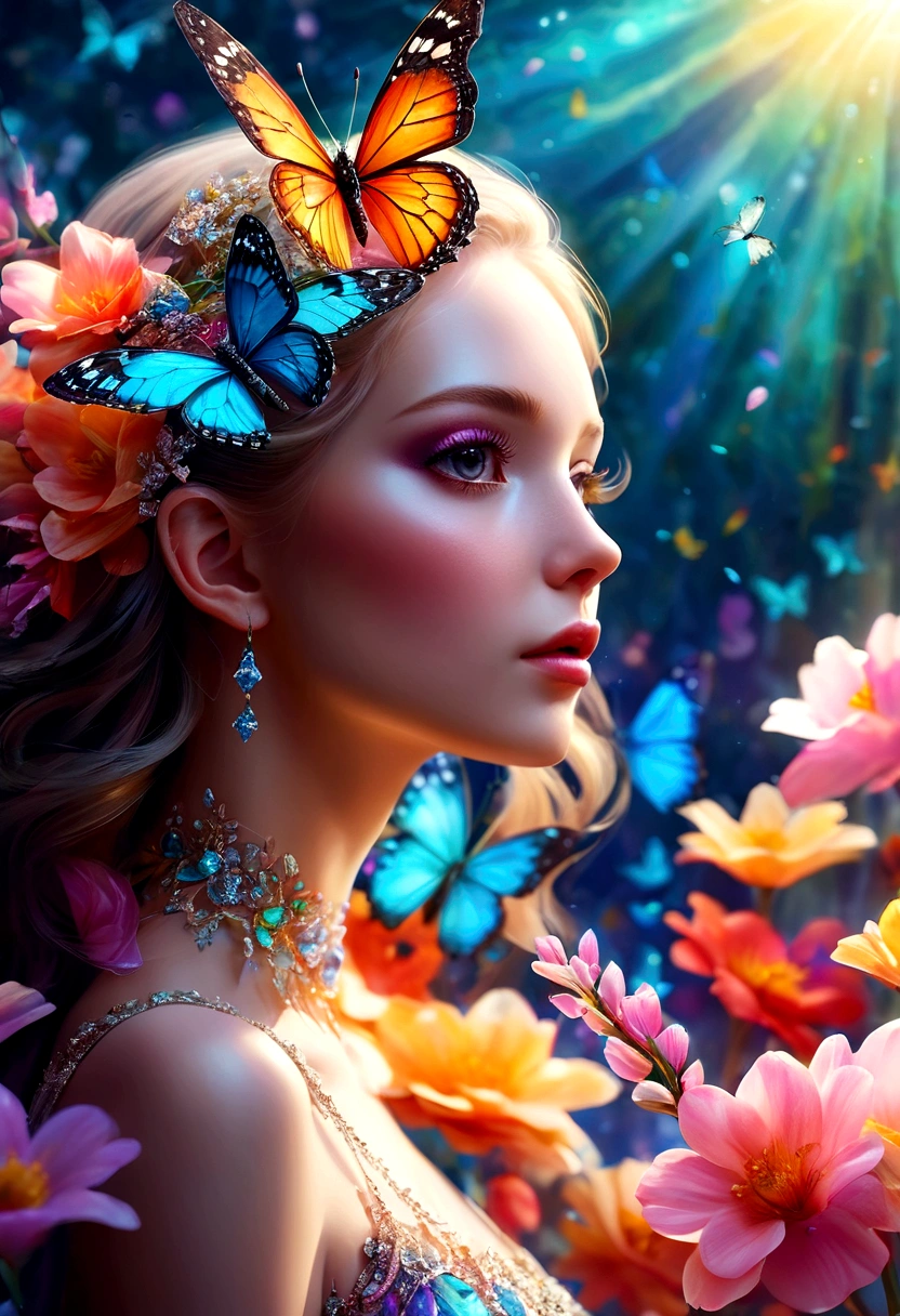 moon light,the arrival of spring, various beautiful flower
, Beautiful Rainbow-colored feathers swallowtail butterfly,angles looking up from below, various jewels falling from the sky, wonderful and beautiful superb view, slightly hazy, fantastic, high resolution, 8K, (best quality, highres, realistic:1.37), shiny metallic flowers, intricate and delicate petals, reflective surfaces, vibrant colors, intricate details, close-up view, surreal garden, surreal beauty, dreamy atmosphere, fine art, abstract botanicals, metallic sculpture, contrasting textures, ethereal glow