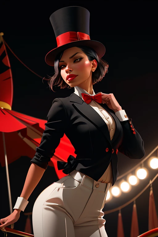 DEN_lupe_fuentes,
performing in a (circus:1.2) wearing a red and black (blazer:1.1) and white (shirt:1.1) and cream (trousers:1.1) and black bow tie and (top hat:1.1), ring leader, circus,
bokeh, f1.4, 40mm, photorealistic, raw, 8k, textured skin, skin pores, intricate details epiCRealism
