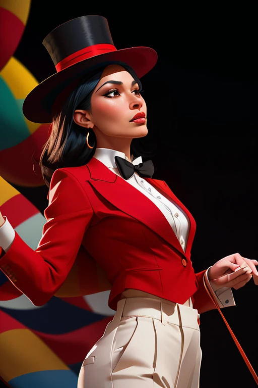 DEN_lupe_fuentes,
performing in a (circus:1.2) wearing a red and black (blazer:1.1) and white (shirt:1.1) and cream (trousers:1.1) and black bow tie and (top hat:1.1), ring leader, circus,
bokeh, f1.4, 40mm, photorealistic, raw, 8k, textured skin, skin pores, intricate details epiCRealism