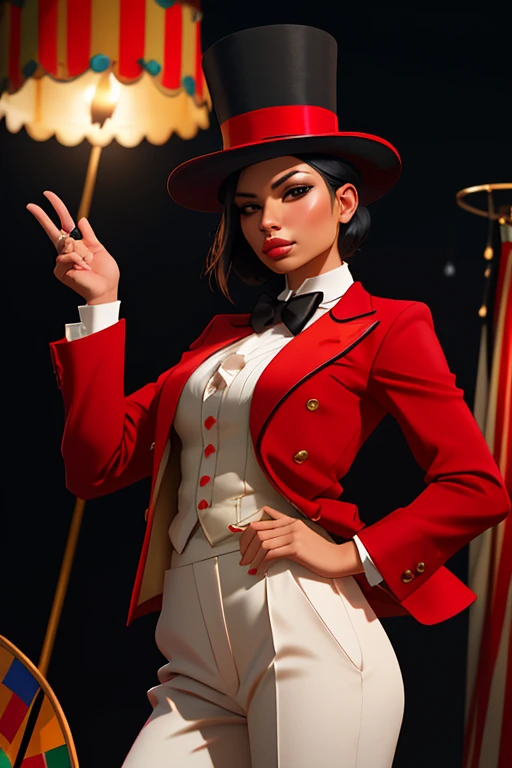 DEN_lupe_fuentes,
performing in a (circus:1.2) wearing a red and black (blazer:1.1) and white (shirt:1.1) and cream (trousers:1.1) and black bow tie and (top hat:1.1), ring leader, circus,
bokeh, f1.4, 40mm, photorealistic, raw, 8k, textured skin, skin pores, intricate details epiCRealism