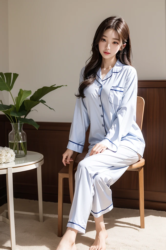 A woman sitting on a chair with a plant in a vase, cute and elegant pose, beautiful young Korean woman, Korean woman, gorgeous young Korean woman, Korean female fashion model, beautiful south Korean woman, lovely woman, Best Face, sitting in bedroom, Product introduction photo, milky skin, Korean woman, Take pictures in various poses, Wearing pajamas