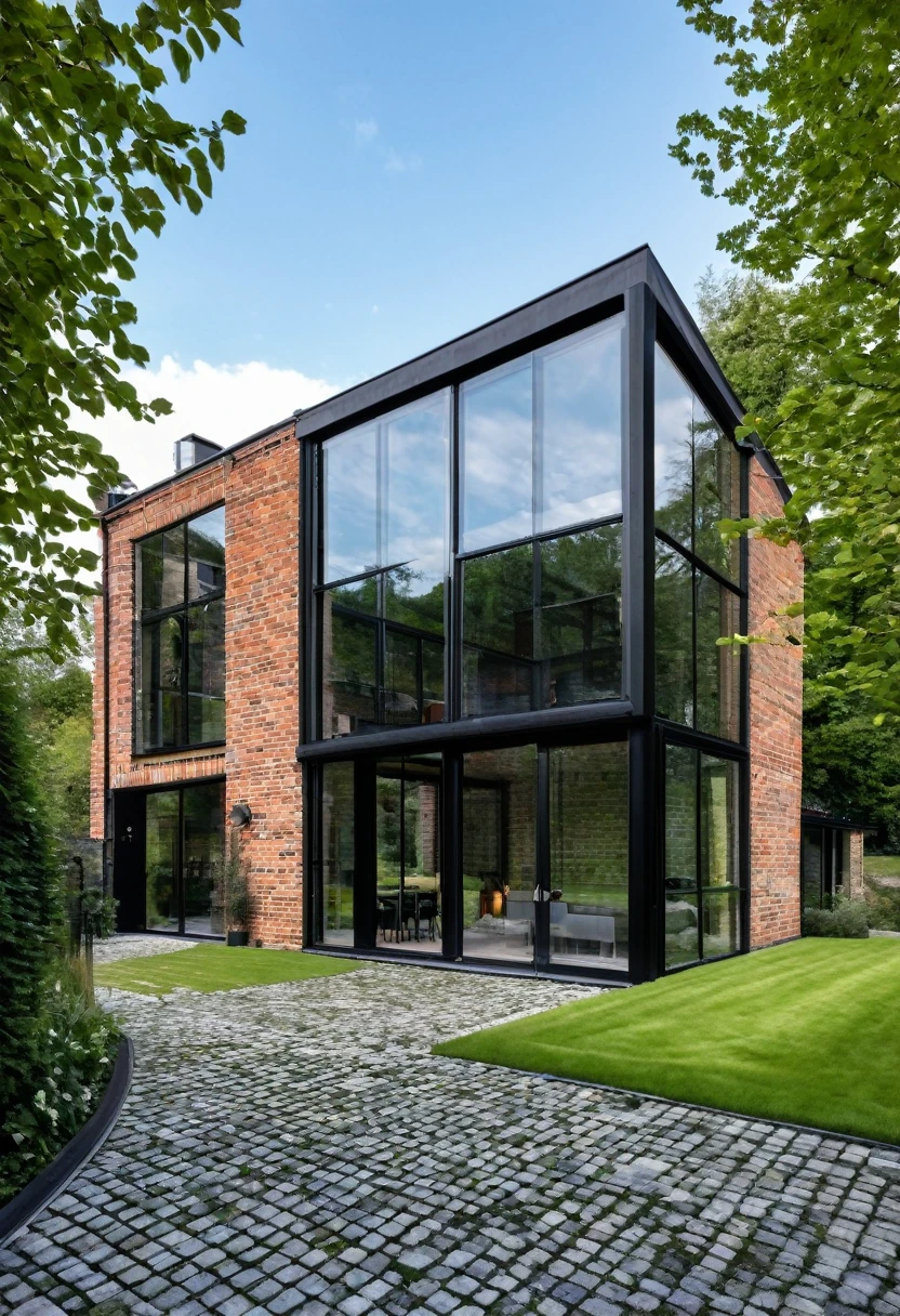imagine an industrial house with different levels, with a glass wall divided by a massive black iron structure, a wall with English bricks, a black roof with a slope on the left side, grass in front, a stone floor up to the black main entrance door. Houses next door, Olmo trees at the entrance to the house