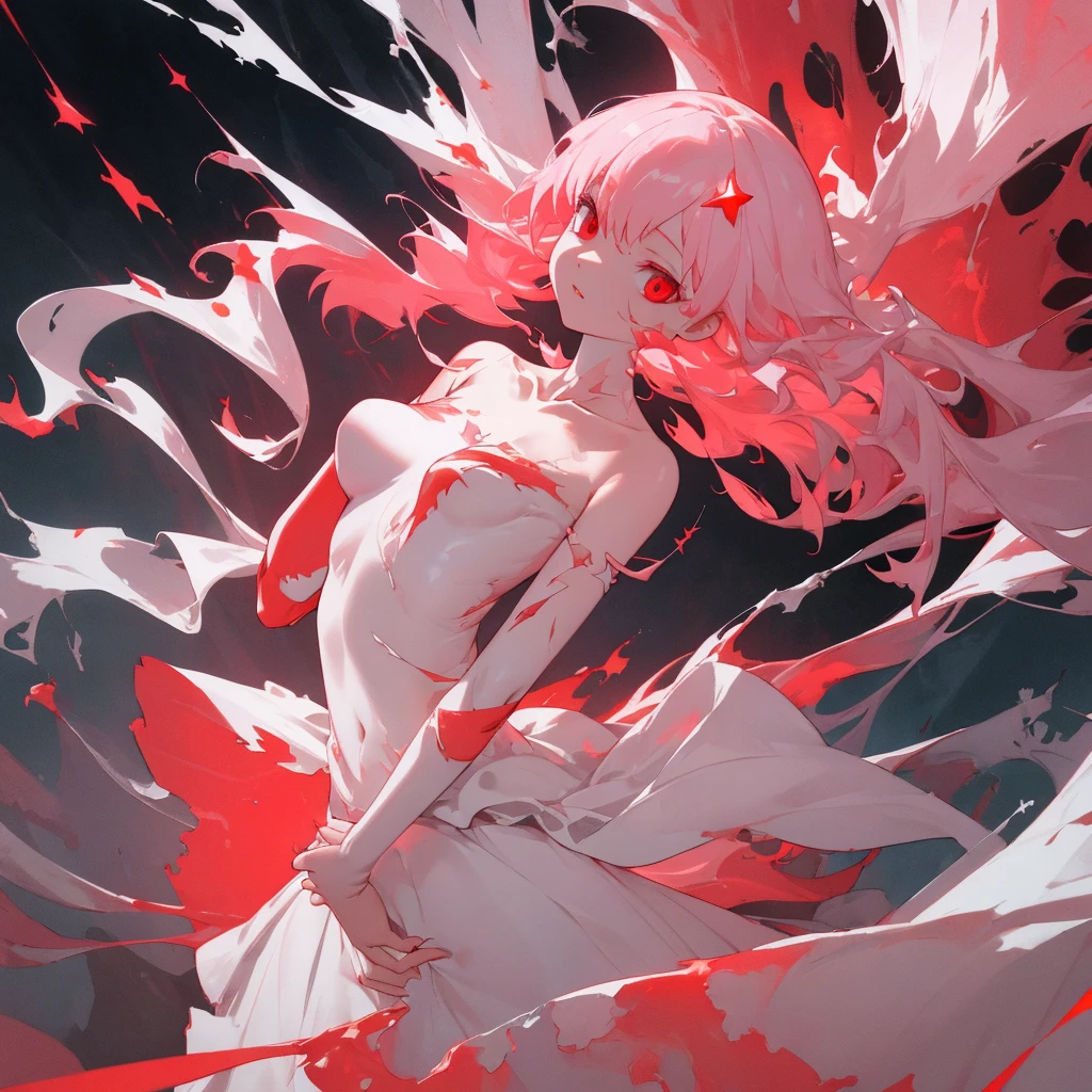 masterpiece, White glowing coral pink hair, long hair, glowing red eyes
Eyes, torn white shoulder strap dress, suspicious atmosphere, eerie,  small breasts, white skirt, thin body, Cool Beauty, red concentrated line background,  collarbone, red energy bullet, fire, starry star scloud colorful, arms, hands, peace sign, finger, nail, skin suit, ,