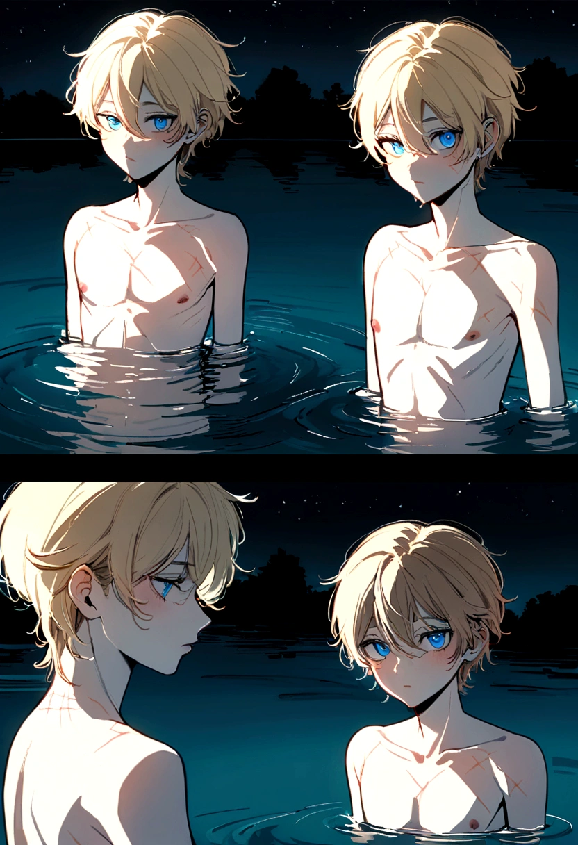 semi realistic art style, 90's aesthetic, deitailed textures, soft and warm light, young man(pale skin, short messy blonde hair, blue eyes, soft face, skinny body tipe, mastectomy scars), bathing in the lake at night