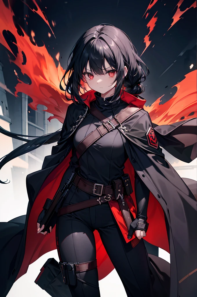 Color: Long, black hair that she keeps in a neat braid. The braid symbolizes her disciplined nature and the way she has methodically pieced together her past and present.
Style: The braid is practical for travel and combat, keeping her hair out of her face and adding a touch of elegance to her warrior-like demeanor.
Cloak: A black cloak with a red lining. The black exterior symbolizes mystery and stealth, while the red interior represents her inner fire and passion. The cloak is designed to be both protective against the elements and versatile for movement.
Shirt: A fitted red shirt that nearly covers her neck, highlighting her readiness for battle while providing a contrast to the darker outer layers of her attire. The high neck offers additional protection and adds to her sophisticated look.
Pants: Black, durable pants that are practical for travel and combat. They are designed for flexibility and comfort, allowing her to move freely and swiftly.
Belt and Accessories: A main belt at her waistline for securing her pants and carrying her primary necessities.
Additional belts around her waist for holding various items, such as small weapons, pouches for supplies, and any artifacts or items she might need on her journey.
Skirt: A long-length skirt that covers the sides and back of her legs, with the front open for practicality in combat. This design offers a blend of protection and mobility, with the colors matching her cloak (black on the outside and red on the inside), symbolizing her dual nature of being both a fierce warrior and a guardian of ancient knowledge.