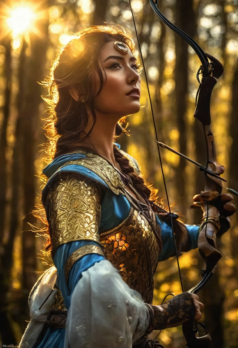 A stunning portrait of the Archer Temptress Warrior on a quest to find the Golden Mystical Bow, Glimmering, Harmonious, masterpiece, Shadow play, light, moody, mysterious, glossy hair,vivid, Abstract Neoralism, cinematic, Film light, Hyper detailed, Hyper realistic, masterpiece, atmospheric, High resolution, Vibrant, High contrast, dark angle, 8k, HDR, 500px, FUJIFILM, bokeh, hdr, award winning lighting,