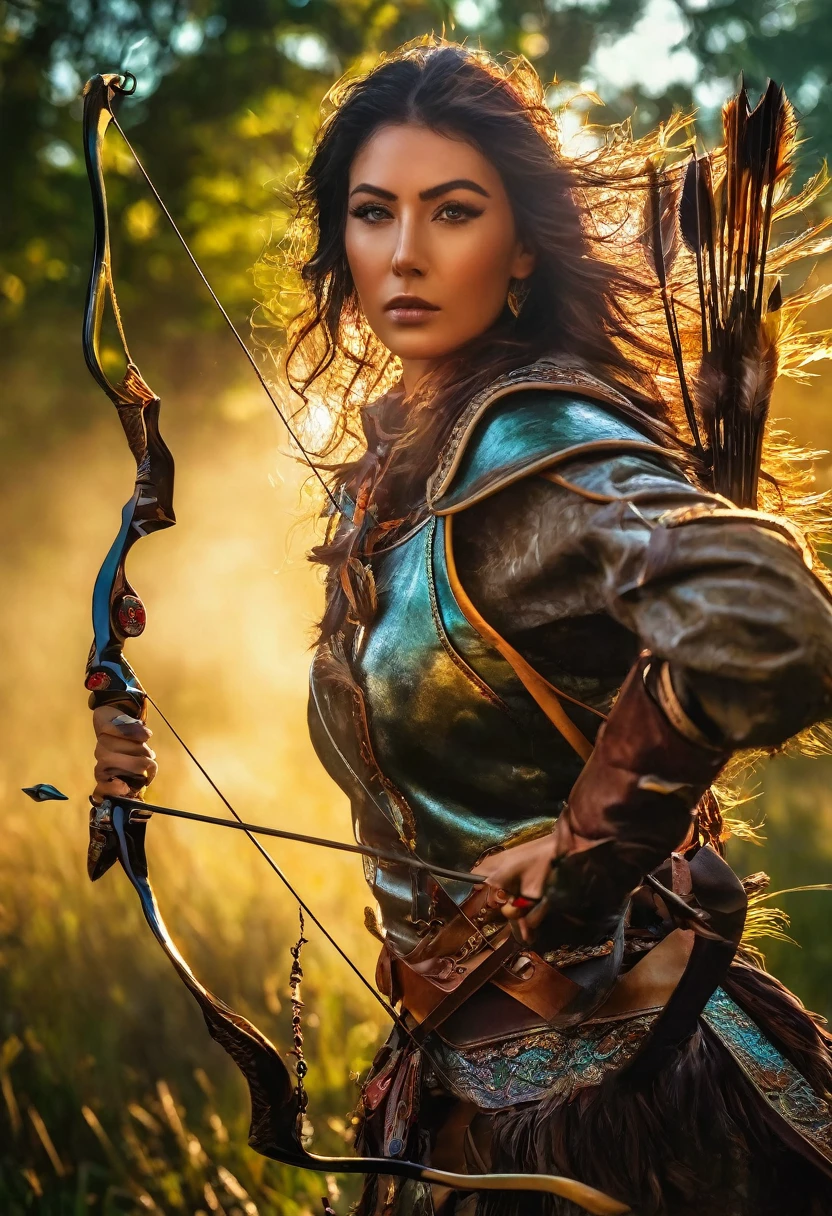 A stunning portrait of the Archer Temptress Warrior on a quest to find the Golden Mystical Bow, Glimmering, Harmonious, masterpiece, Shadow play, light, moody, mysterious, glossy hair,vivid, Abstract Neoralism, cinematic, Film light, Hyper detailed, Hyper realistic, masterpiece, atmospheric, High resolution, Vibrant, High contrast, dark angle, 8k, HDR, 500px, FUJIFILM, bokeh, hdr, award winning lighting,