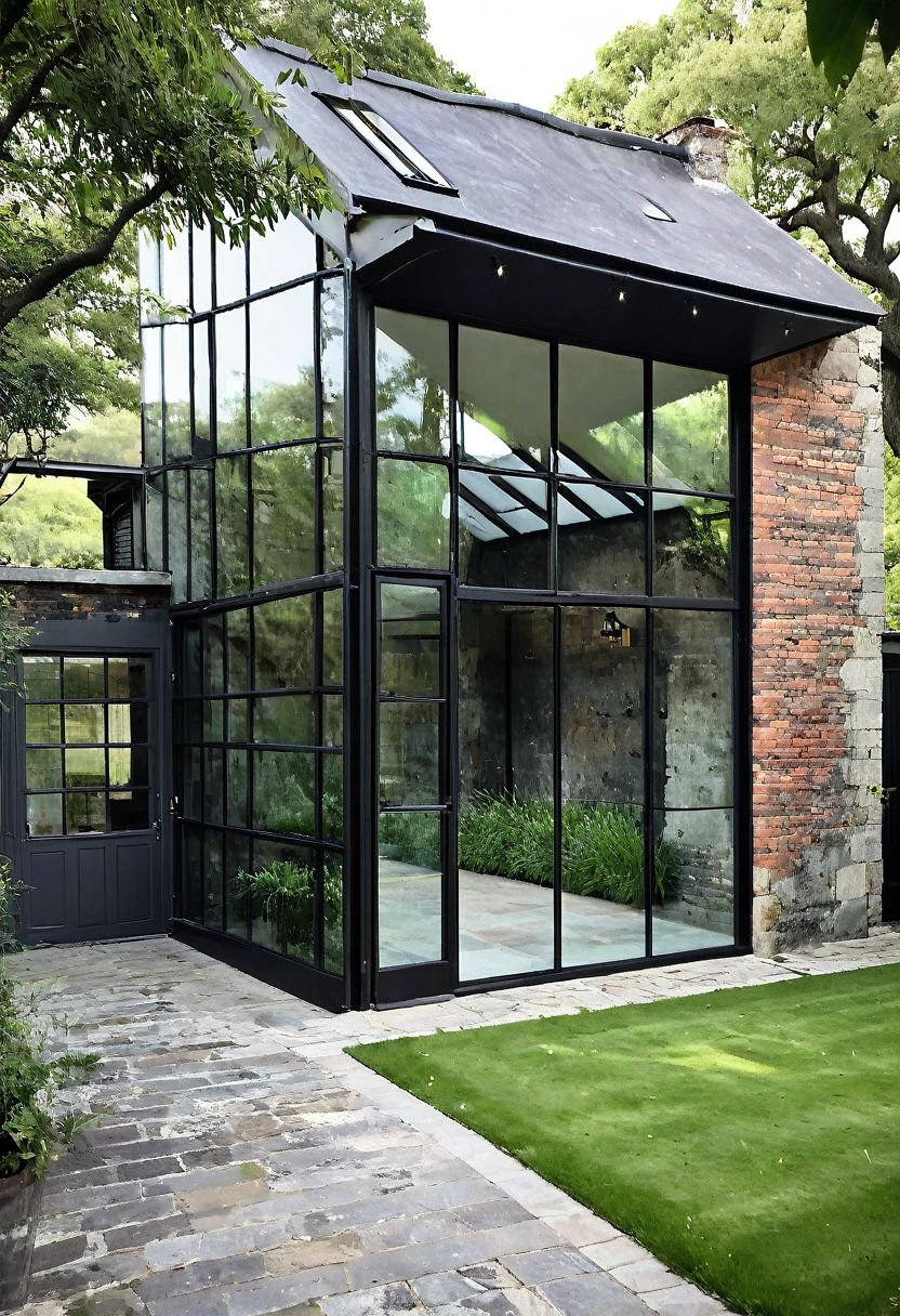 imagine an industrial house with different levels, with a glass wall divided by a massive black iron structure, a wall with English bricks, a black roof with a slope on the left side, grass in front, a stone floor up to the black main entrance door. Houses next door, Olmo trees at the entrance to the house
