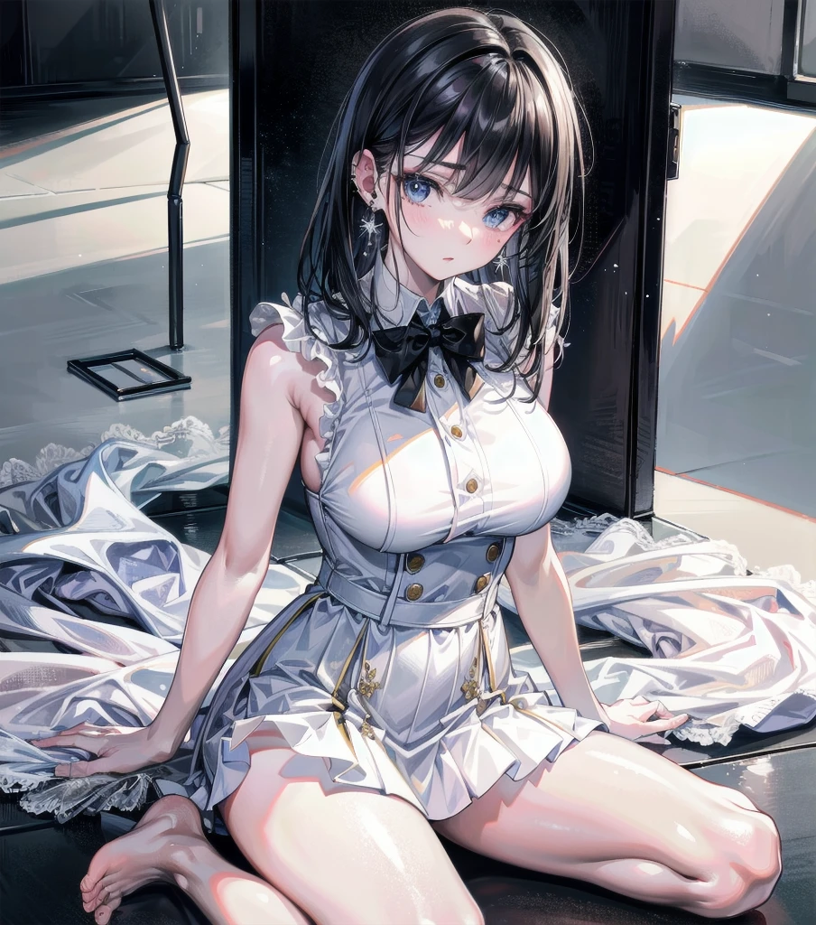RAW photo, extremely delicate and beautiful, masterpiece, Best Quality, ultra high resolution, 16k, hyperrealistic, realistic, photorealistic, photo-realistic, ultra-detailed, detailed description, pale skin, in her 20s, full body, big tits, medium hair, black hair, tearful mole, earring, school_uniform,