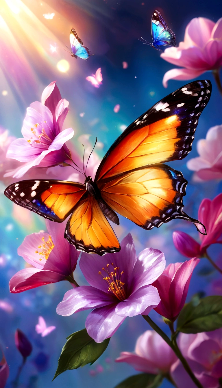 moon light,the arrival of spring, various beautiful flower
, Beautiful Rainbow-colored feathers swallowtail butterfly,angles looking up from below, various jewels falling from the sky, wonderful and beautiful superb view, slightly hazy, fantastic, high resolution, 8K, (best quality, highres, realistic:1.37), shiny metallic flowers, intricate and delicate petals, reflective surfaces, vibrant colors, intricate details, close-up view, surreal garden, surreal beauty, dreamy atmosphere, fine art, abstract botanicals, metallic sculpture, contrasting textures, ethereal glow