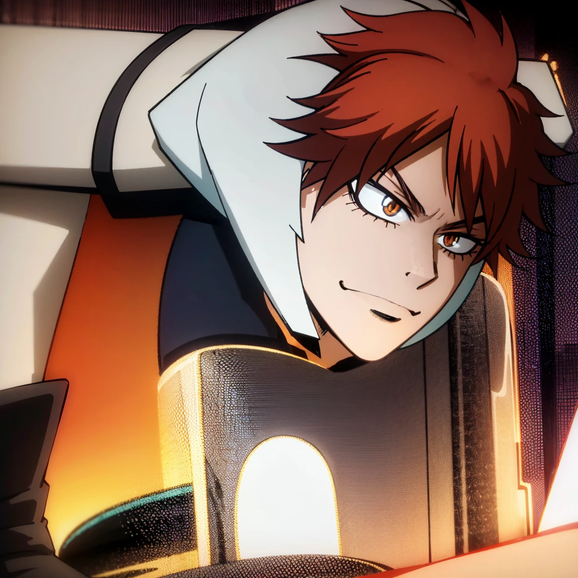 1boy, male focus, boku no hero academia, masterpiece, best quality, very aesthetic, absurdres, muscular body, short low ponytail hair, deep orange hair, scarlet eyes, smirk, gray jacket, red tie, white shirt, teal pants, boots