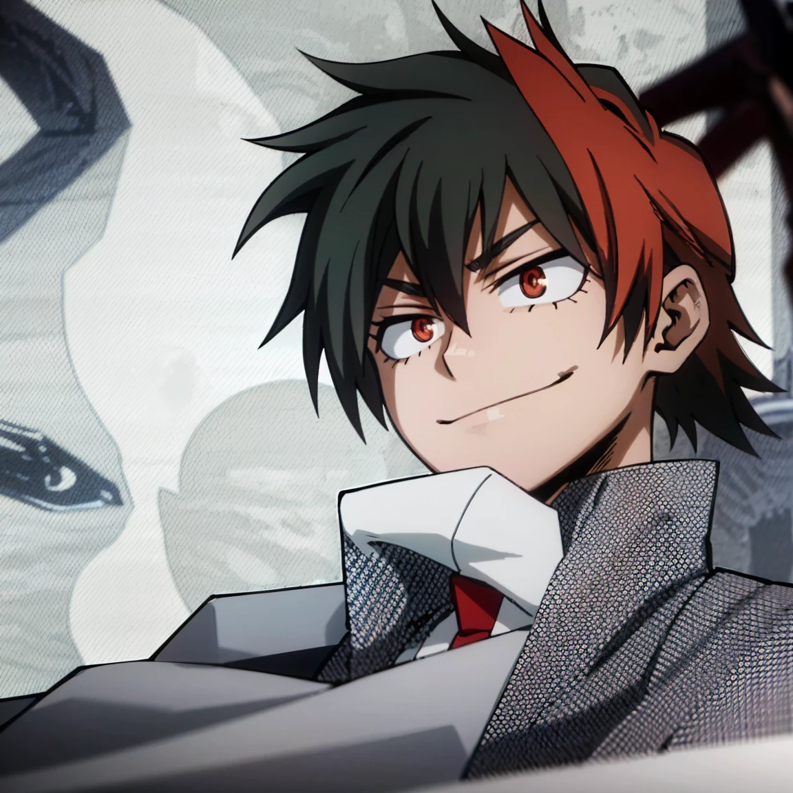 1boy, male focus, boku no hero academia, masterpiece, best quality, very aesthetic, absurdres, muscular body, short low ponytail hair, deep orange hair, scarlet eyes, smirk, gray jacket, red tie, white shirt, teal pants, boots 