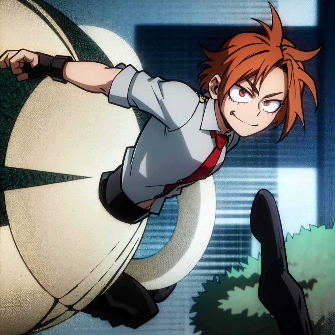 1boy, male focus, boku no hero academia, masterpiece, best quality, very aesthetic, absurdres, muscular body, short low ponytail hair, deep orange hair, scarlet eyes, smirk, gray jacket, red tie, white shirt, teal pants, boots