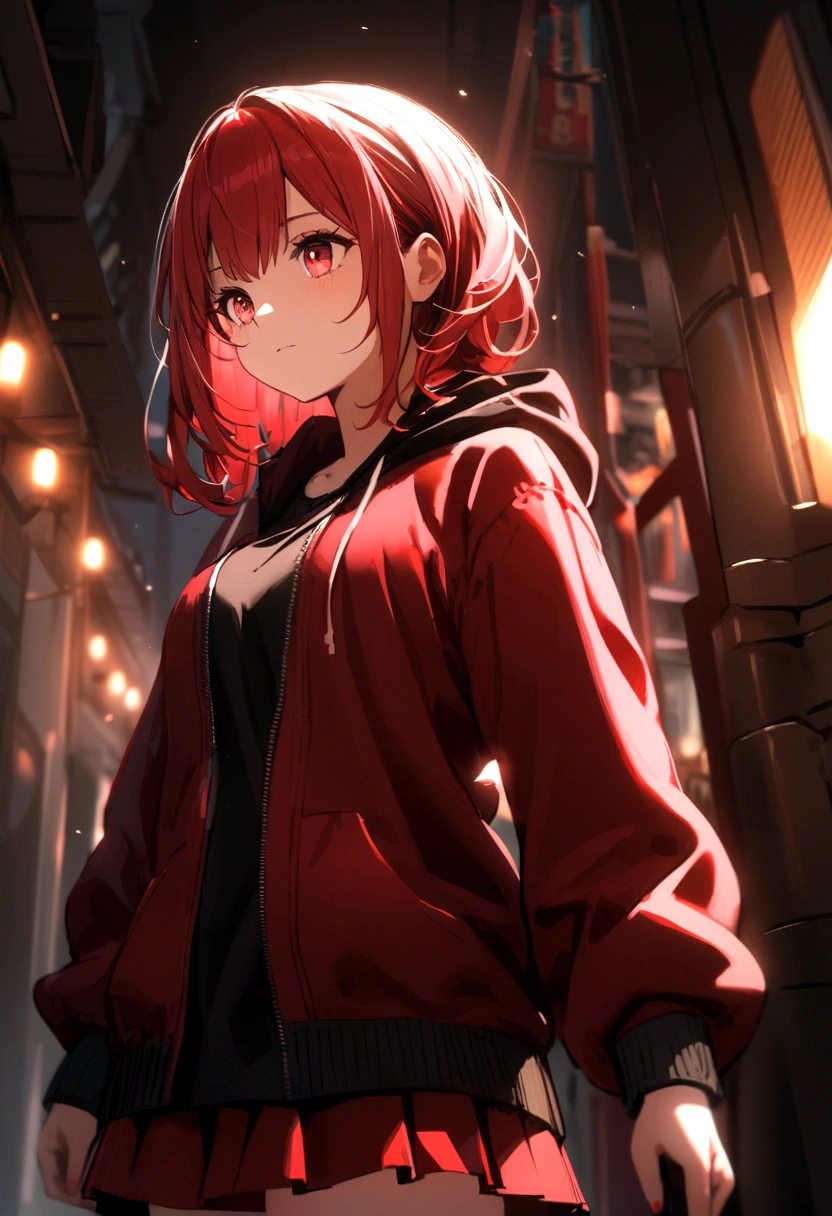 A girl with a red skirt red stockings red zip up hoody red hair and eyes with black highlights and a black shirt