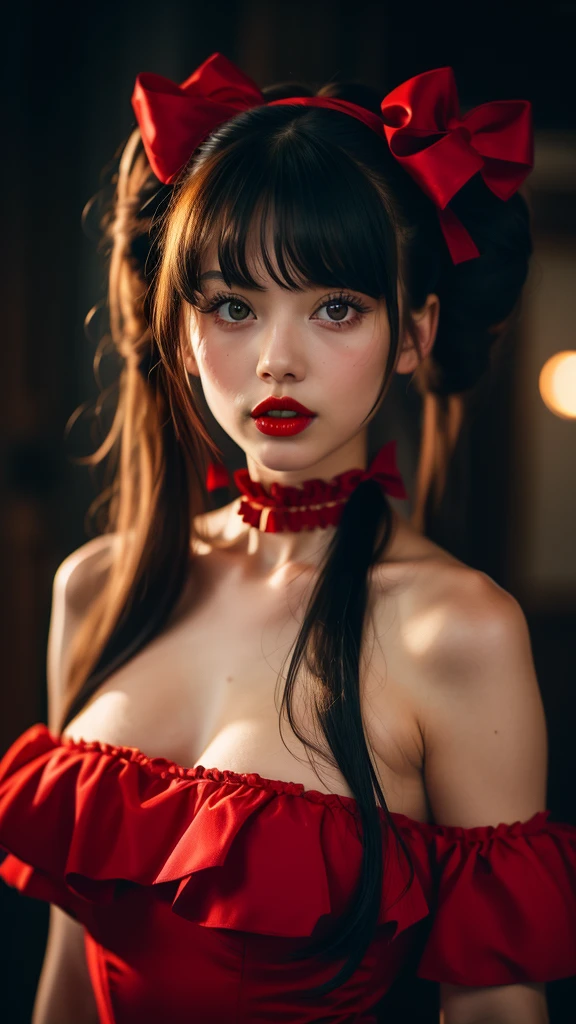 1girl, solo, long hair, breasts, looking at viewer, bangs, black hair, hair ornament, red eyes, dress, ribbon, hair between eyes, bare shoulders, twintails, hair ribbon, upper body, hairband, frills, choker, red ribbon, lips, eyelashes, strapless, bell, red dress, jingle bell, hair bell, red lips