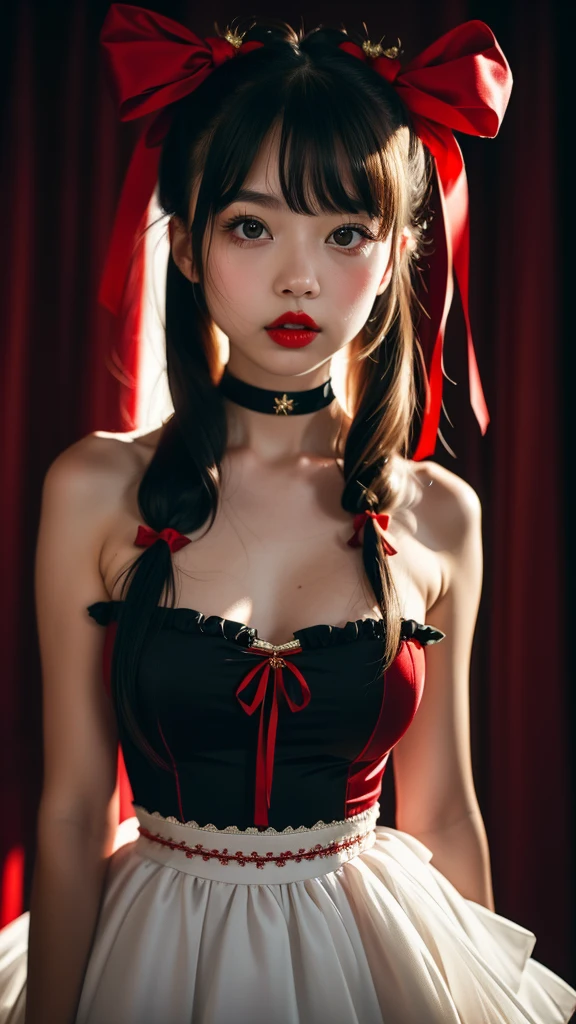 1girl, solo, long hair, breasts, looking at viewer, bangs, black hair, hair ornament, red eyes, dress, ribbon, hair between eyes, bare shoulders, twintails, hair ribbon, upper body, hairband, frills, choker, red ribbon, lips, eyelashes, strapless, bell, red dress, jingle bell, hair bell, red lips