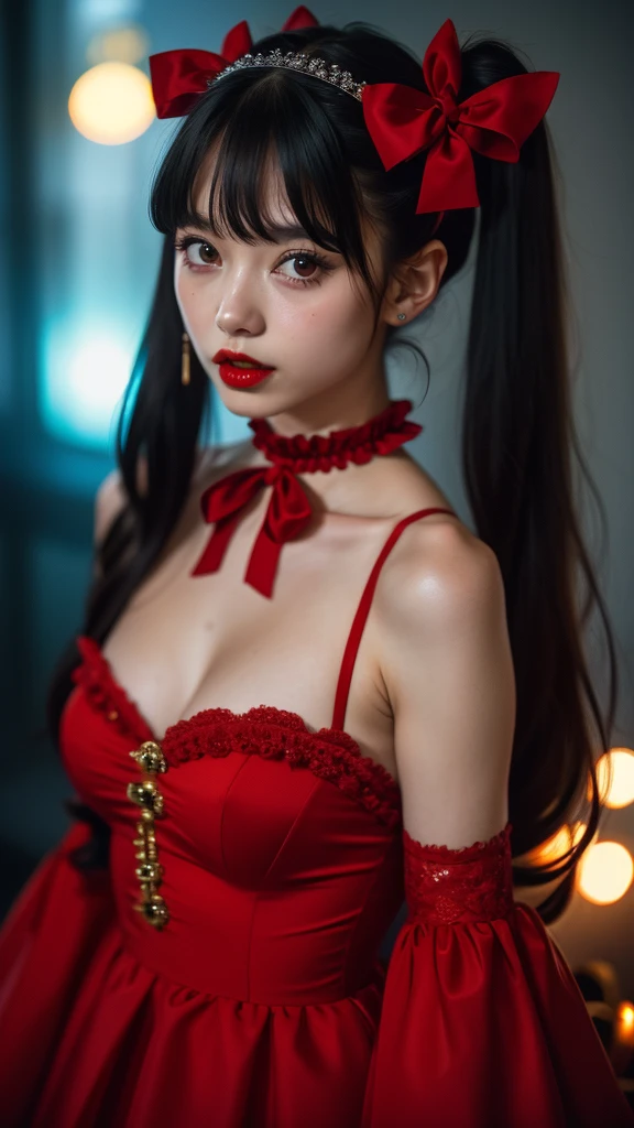 1girl, solo, long hair, breasts, looking at viewer, bangs, black hair, hair ornament, red eyes, dress, ribbon, hair between eyes, bare shoulders, twintails, hair ribbon, upper body, hairband, frills, choker, red ribbon, lips, eyelashes, strapless, bell, red dress, jingle bell, hair bell, red lips