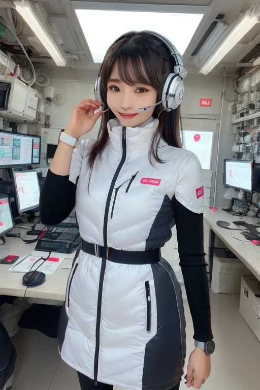 masterpiece, Highest quality, Very detailed, 8K Portrait,Japanese Android Girl,plump , Control panel,Robotic arms and legs, Blunt bangs,,break (Metallic Gray, Metallic luster, Mirror finish, Astro Best):5,headphone:5,break (Black sleeves):100,Smart Watches,Futuristic space station,Control Room,break headphone,blue eyes,(Black Hair):2,(Long Hair):1.3,Displaying the viewer,(respirator),break blush:3,Hidden Hand,smile
