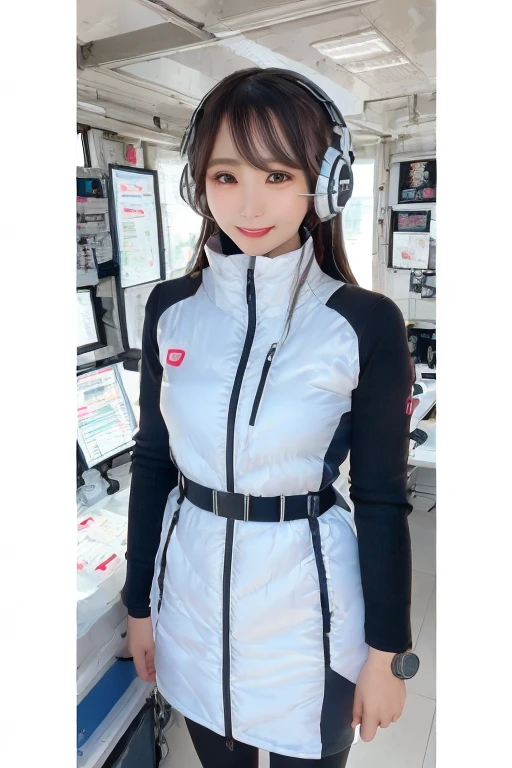 masterpiece, Highest quality, Very detailed, 8K Portrait,Japanese Android Girl,plump , Control panel,Robotic arms and legs, Blunt bangs,,break (Metallic Gray, Metallic luster, Mirror finish, Astro Best):5,headphone:5,break (Black sleeves):100,Smart Watches,Futuristic space station,Control Room,break headphone,blue eyes,(Black Hair):2,(Long Hair):1.3,Displaying the viewer,(respirator),break blush:3,Hidden Hand,smile