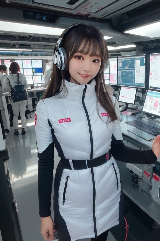 masterpiece, Highest quality, Very detailed, 8K Portrait,Japanese Android Girl,plump , Control panel,Robotic arms and legs, Blunt bangs,,break (Metallic Gray, Metallic luster, Mirror finish, Astro Best):5,headphone:5,break (Black sleeves):100,Smart Watches,Futuristic space station,Control Room,break headphone,blue eyes,(Black Hair):2,(Long Hair):1.3,Displaying the viewer,(respirator),break blush:3,Hidden Hand,smile