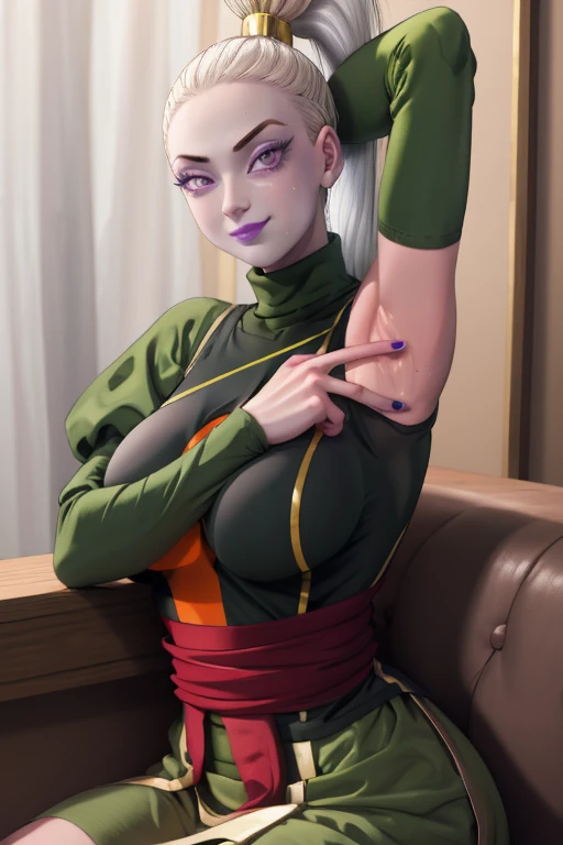 Dress_DragonBallSuper_Vados_ownwaifu,
1girl, blue skin, white hair, hair pulled back, high ponytail, purple eyes, colored skin, alien, long hair, very long hair, lipstick, makeup, purple lips, breasts, large breasts, large ass,eyelashes, jewelry, purple nails,
puffy sleeves, long sleeves, dress, juliet sleeves, sash, green skirt, puffy long sleeves, turtleneck,
((masterpiece)),((best quality)),(highres, absurdres), original, bokeh, depth_of_field, scenery, spotlight, focused, looking at viewer,smirk, solo, cowboy shot,sexy pose,sits,18+,hand behind head,armpits,sweaty armpits,wet silk