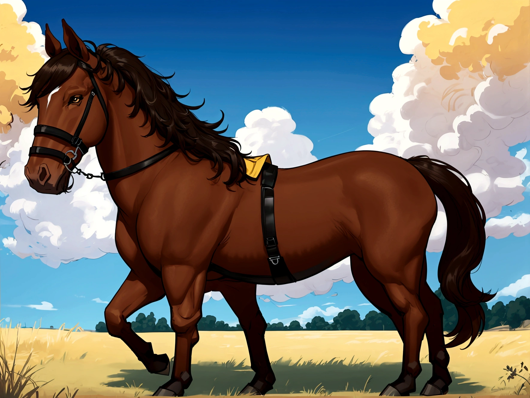 full side view of a dark Clydesdale horse stallion with a massive bum and a very short tail. horse facing horizon . ridden by a fat very full figured dark skinned BBW African woman wearing yellow bikini and shorts. in a flat grass meadow looking to horizon . a single huge pile of brown-yellow steaming horse dung on the ground behind horse. cloudless blue sky.