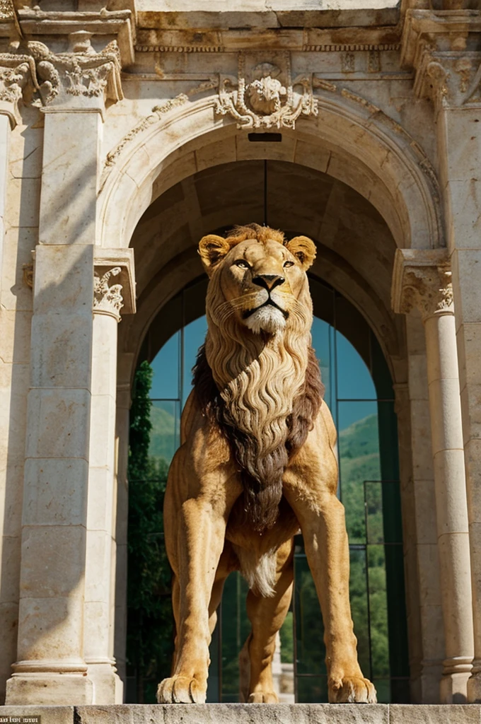 the realistic photo 4k In the centre of the shield is Hercules, a Greek mythological figure, who is standing and dressed in a lion skin covering his shoulders and another lion skin as a loincloth. Hercules is standing in a dominant posture, with his right hand on the head of a lion on his right side (left in the image), and his left hand on another lion on his left side (right in the image). The lions are standing and looking forward, with a fierce expression. They are located one on each side of Hercules. Above Hercules and the lions, there is a green, white and green arch, which bears the inscription in gold letters "DOMINATOR HERCULES FUNDATOR". Below this scene, at the bottom of the shield, there is a band with the inscription "ANDALUCIA BY ITSELF, POR LOS PUEBLOS Y LA HUMANIDAD" in gold letters on a background of horizontal green-white stripes. The border of the band is gold and has an ornamental design in the corners. The shield as a whole has a heraldic style, with predominantly green, white, gold and brown colors.
