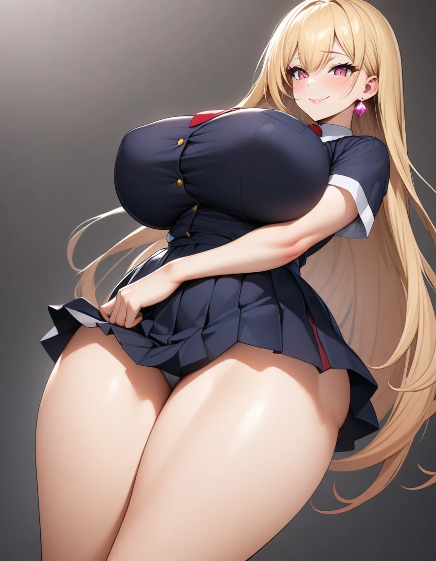 blonde hair color,long hair,pink eyes,high school costume,tie,skirt,earrings,huge breasts,Whipped thighs,slender,downward look,SFW,perfect,high quality,faultless,smile,SFW,perfect,high quality,faultless,high school background