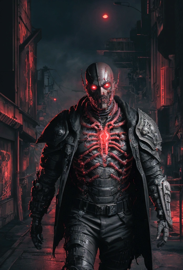 (extremely detailed 8k wallpaper), a medium shot photo of cyberpunk scary Grim dressed as a dirty supervillain in an armour made of red glowing wires from marvel, horror theme, intricate, high detail, dramatic, old scary building in the background