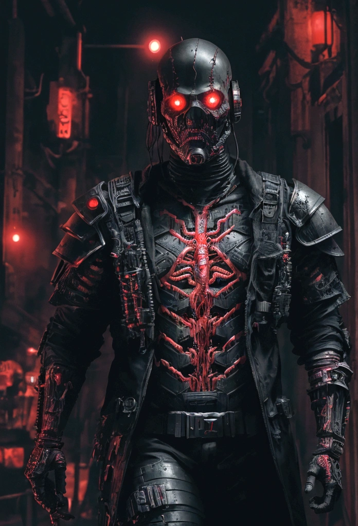 (extremely detailed 8k wallpaper), a medium shot photo of cyberpunk scary Grim dressed as a dirty supervillain in an armour made of red glowing wires from marvel, horror theme, intricate, high detail, dramatic, old scary building in the background