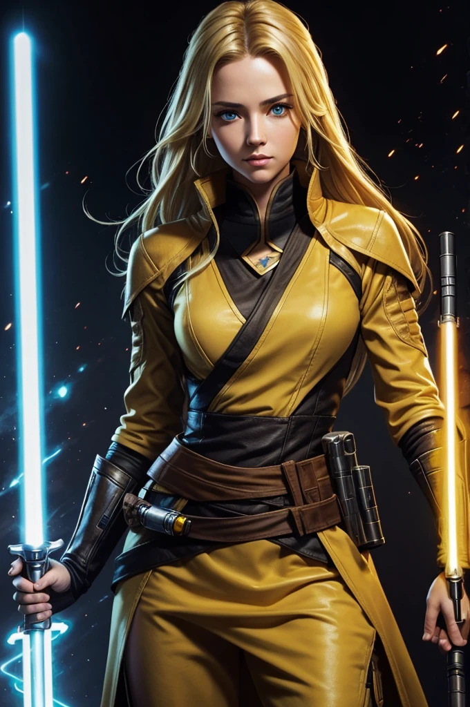 Beautiful Jedi. Eligent. Jedi bastila shan. Beautiful eyes and hair. Sexy outfit. Blonde hair. Double lightsaber ignition. Brown and yellow sexy outfit
