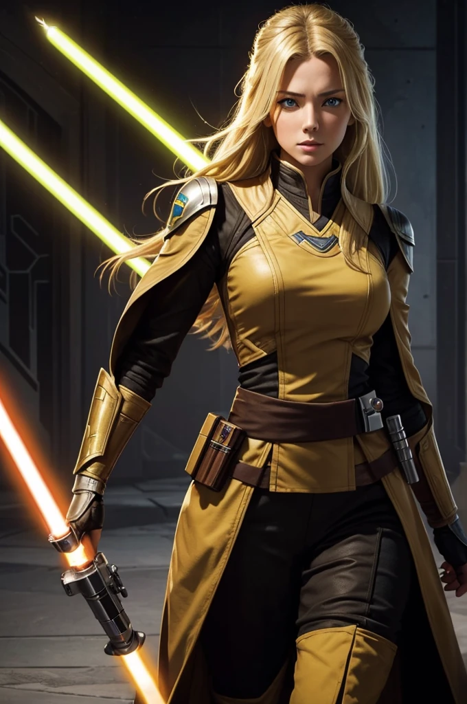 Beautiful Jedi. Eligent. Jedi bastila shan. Beautiful eyes and hair. Sexy outfit. Blonde hair. Double lightsaber ignition. Brown and yellow sexy outfit