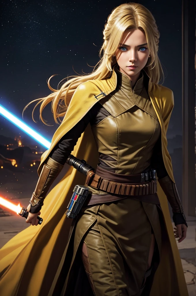 Beautiful Jedi. Eligent. Jedi bastila shan. Beautiful eyes and hair. Sexy outfit. Blonde hair. Double lightsaber ignition. Brown and yellow sexy outfit