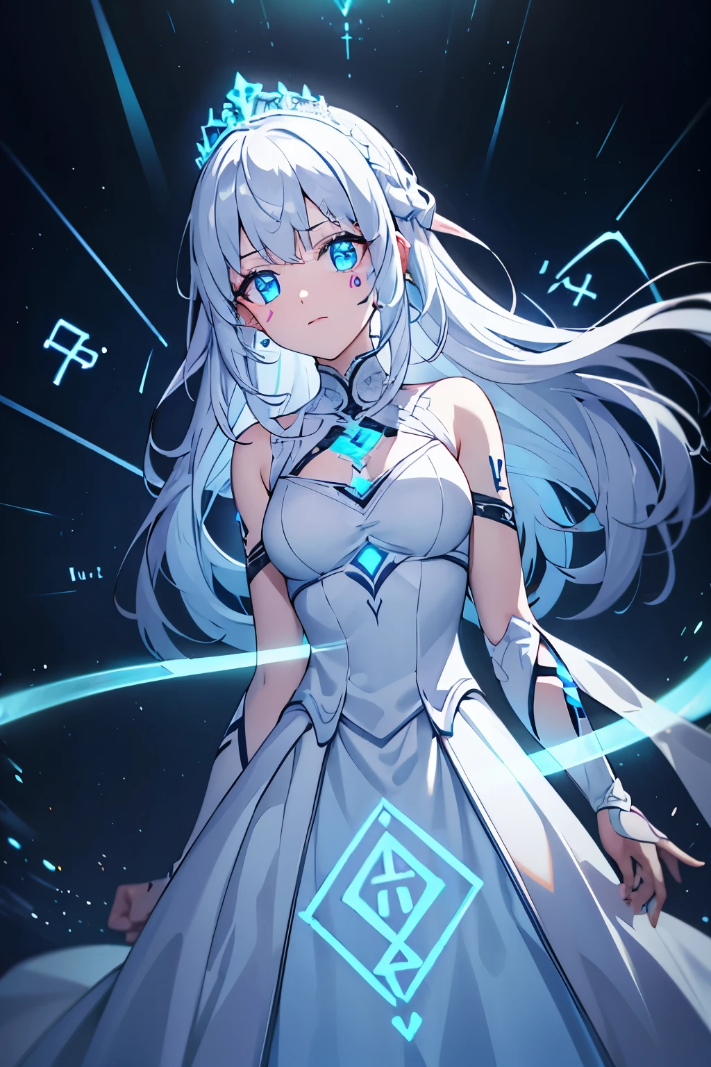 4K high resolution, one female, (((Glowing Rune Tattoos))), white hair, princess dress gown, armor tiara